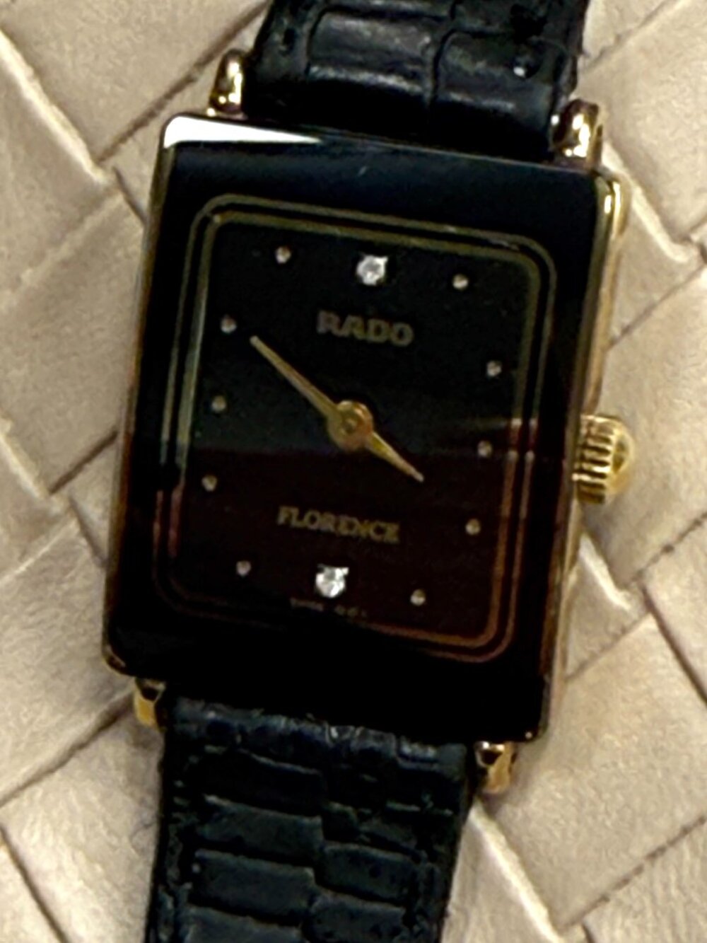 Vintage Rado Florence Ladies Tank Watch Diamond Markers Black Dial Gold Swiss
